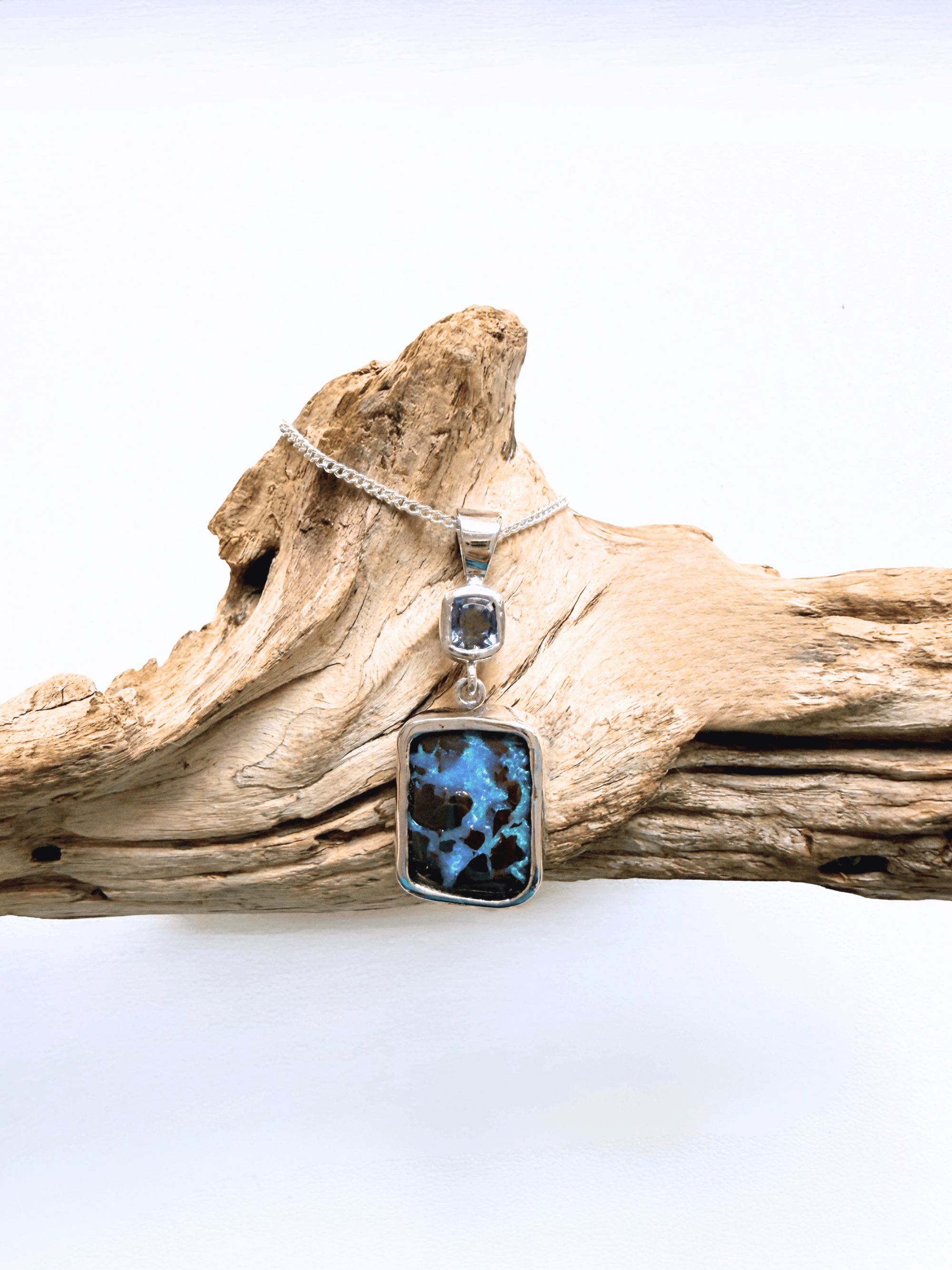 Freeform Boulder Opal and Iolite Silver Pendant
