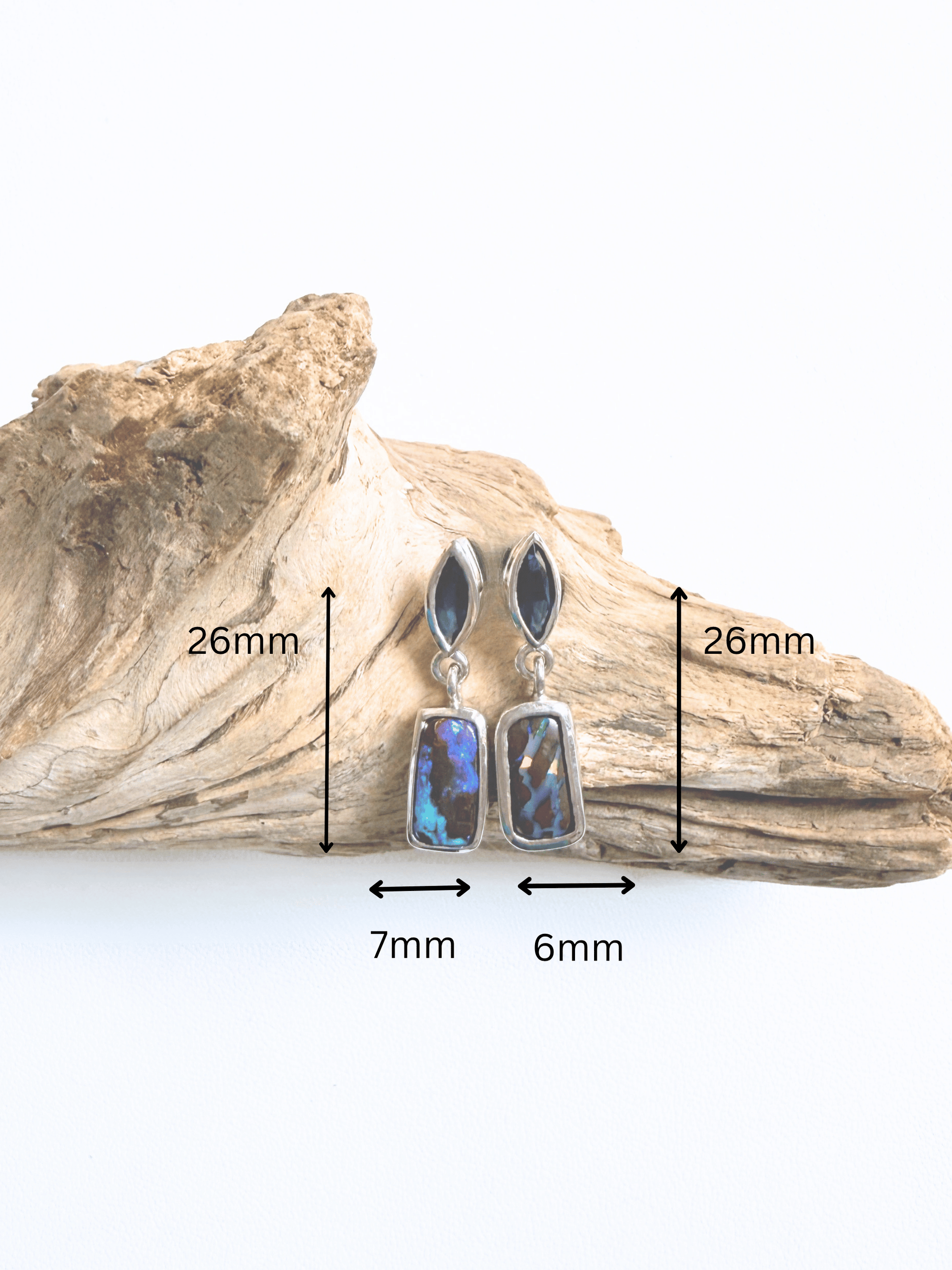 Boulder Opal and Blue Marquise Sapphire Silver Drop Earrings