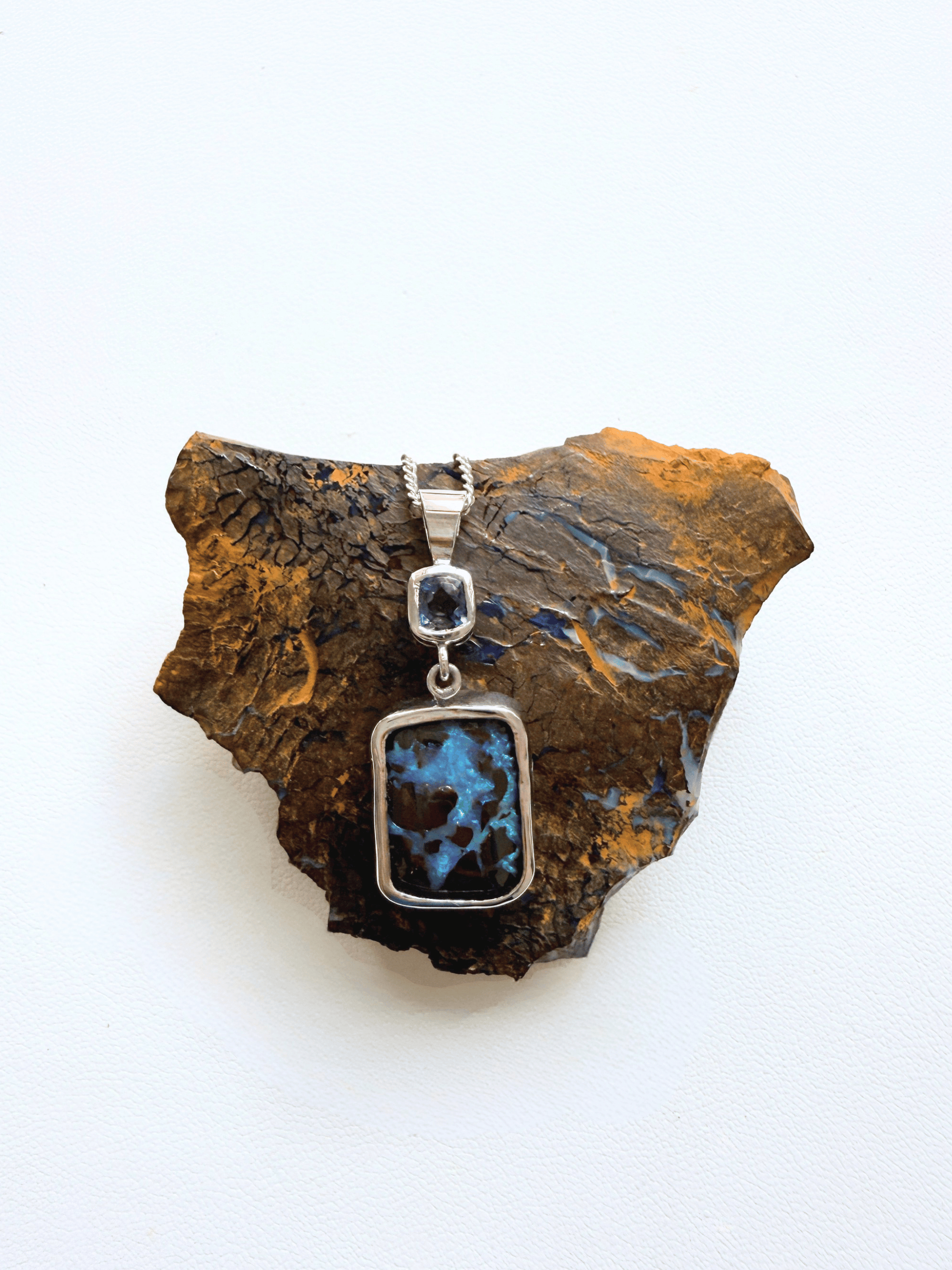 Freeform Boulder Opal and Iolite Silver Pendant