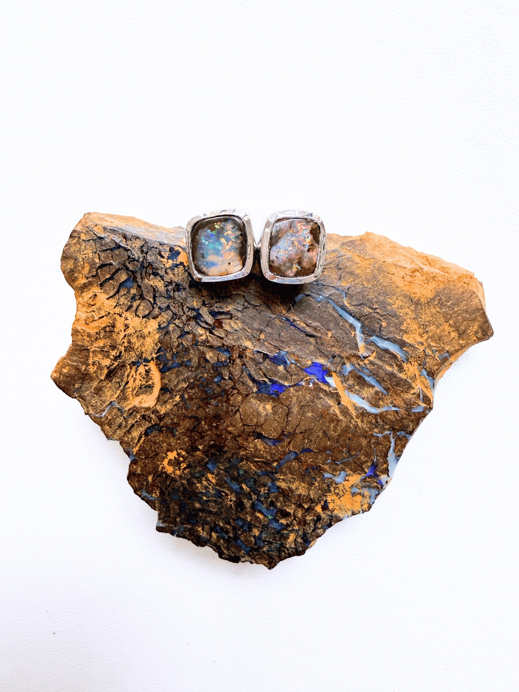 Boulder Opal Square Silver Stud Earrings