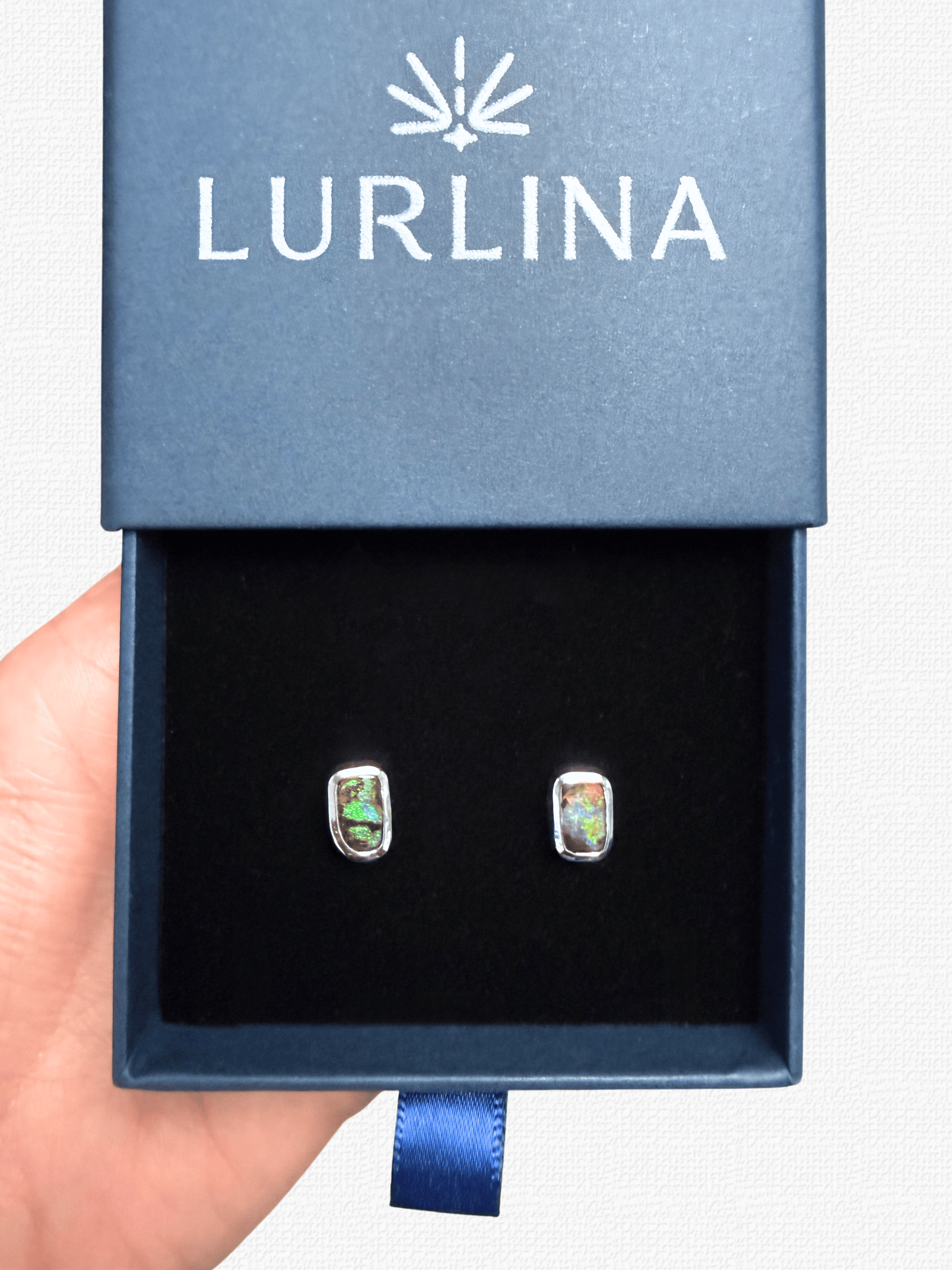 Boulder Opal Rectangle Silver Stud Earrings