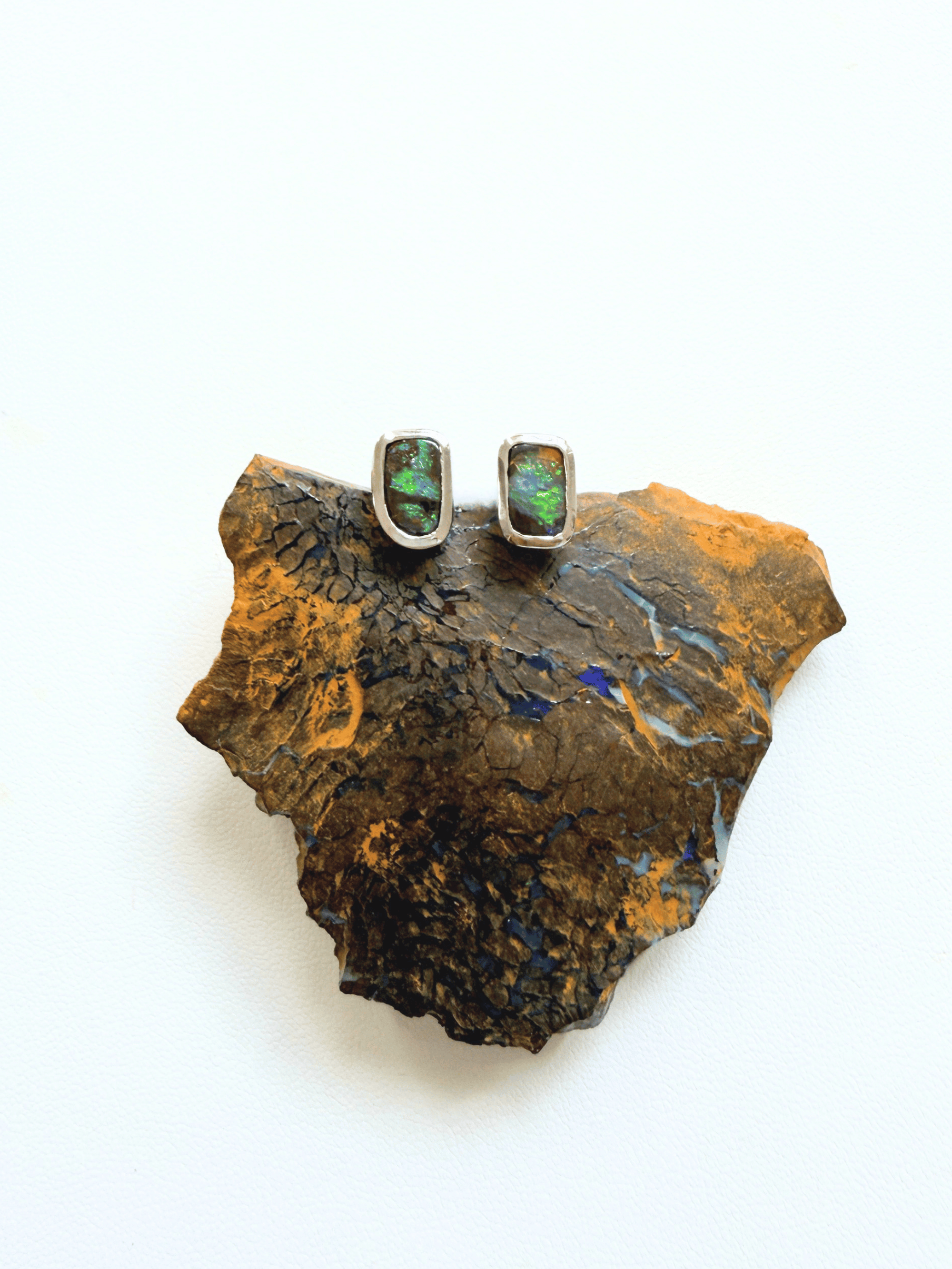 Boulder Opal Rectangle Silver Stud Earrings