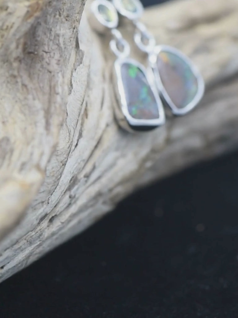 Boulder Opal Drop Silver Earrings with Bright Green Sapphires video