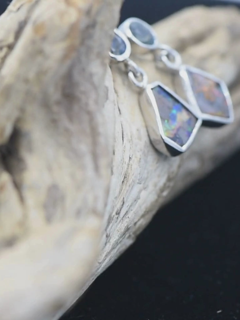 Boulder Opal Abstract Drop Silver Earrings with Sapphires video