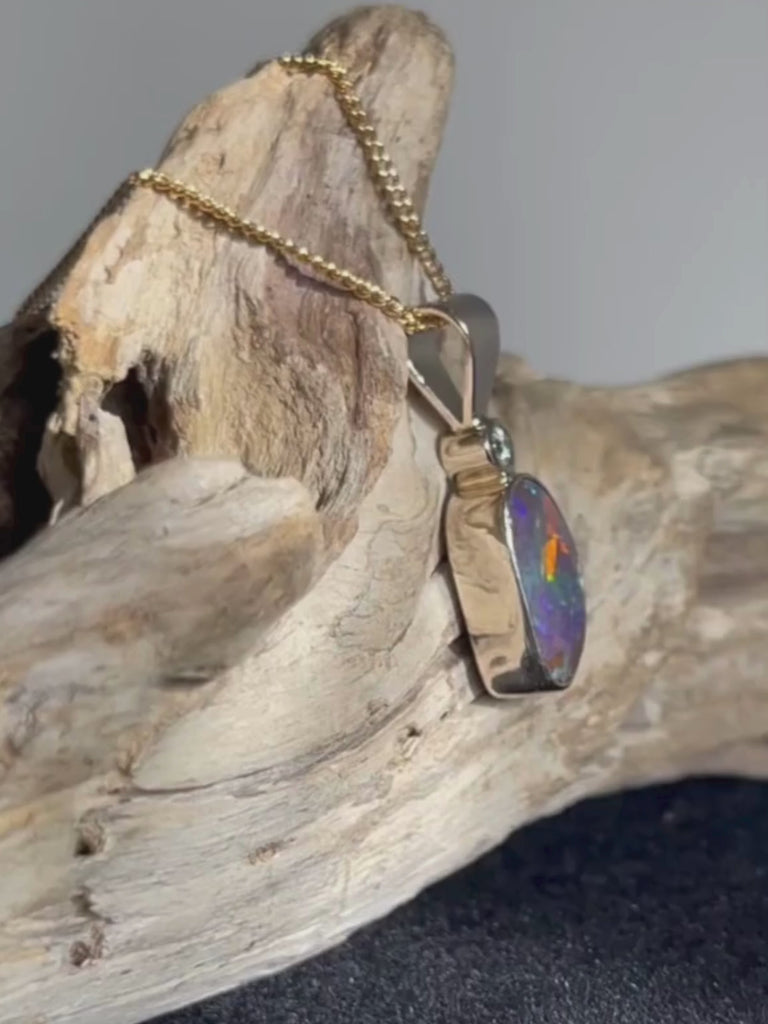 Boulder Harlequin Opal and Diamond 18K Gold Pendant video