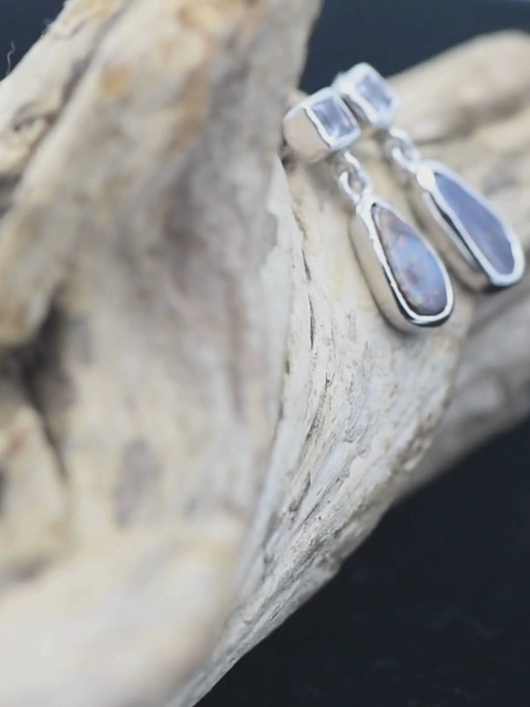 Boulder Opal Silver Pear Earrings with White Sapphires video