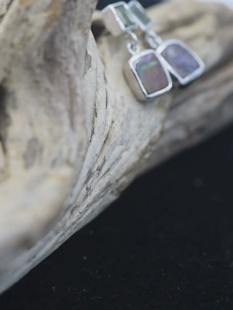 Boulder Opal Square Drop Silver Earrings with Green Sapphires