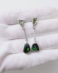 Boulder Opal and Green Trilliant Sapphire Dangle Silver Earrings