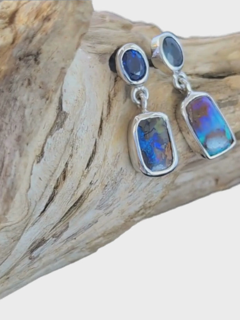 Blue Boulder Opal Drop Silver Earrings with Blue Sapphires Video