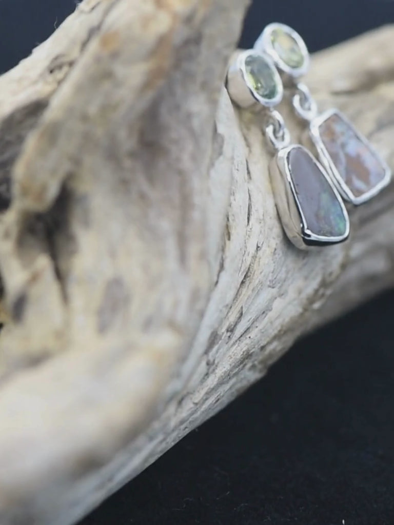 Boulder Opal Drop Silver Earrings with Green Sapphires video