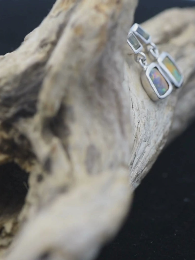 Boulder Opal Green Flash Silver Earrings with Baguette Sapphires video