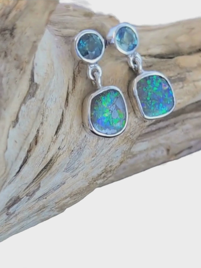 Boulder Opal Drop Silver Earrings with Blue Sapphires video