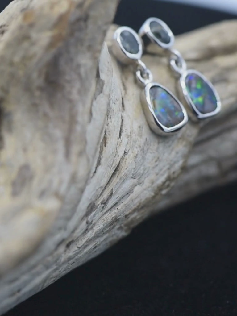 Boulder Opal Drop Silver Earrings with Green Sapphires