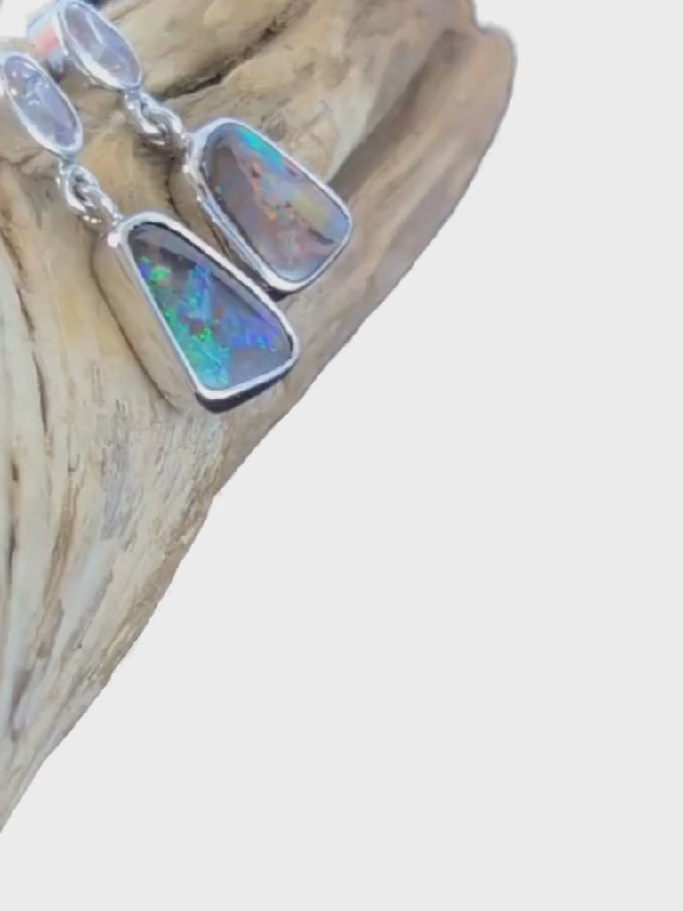 Boulder Opal Abstract Drop Silver Earrings with Pink Zircons video