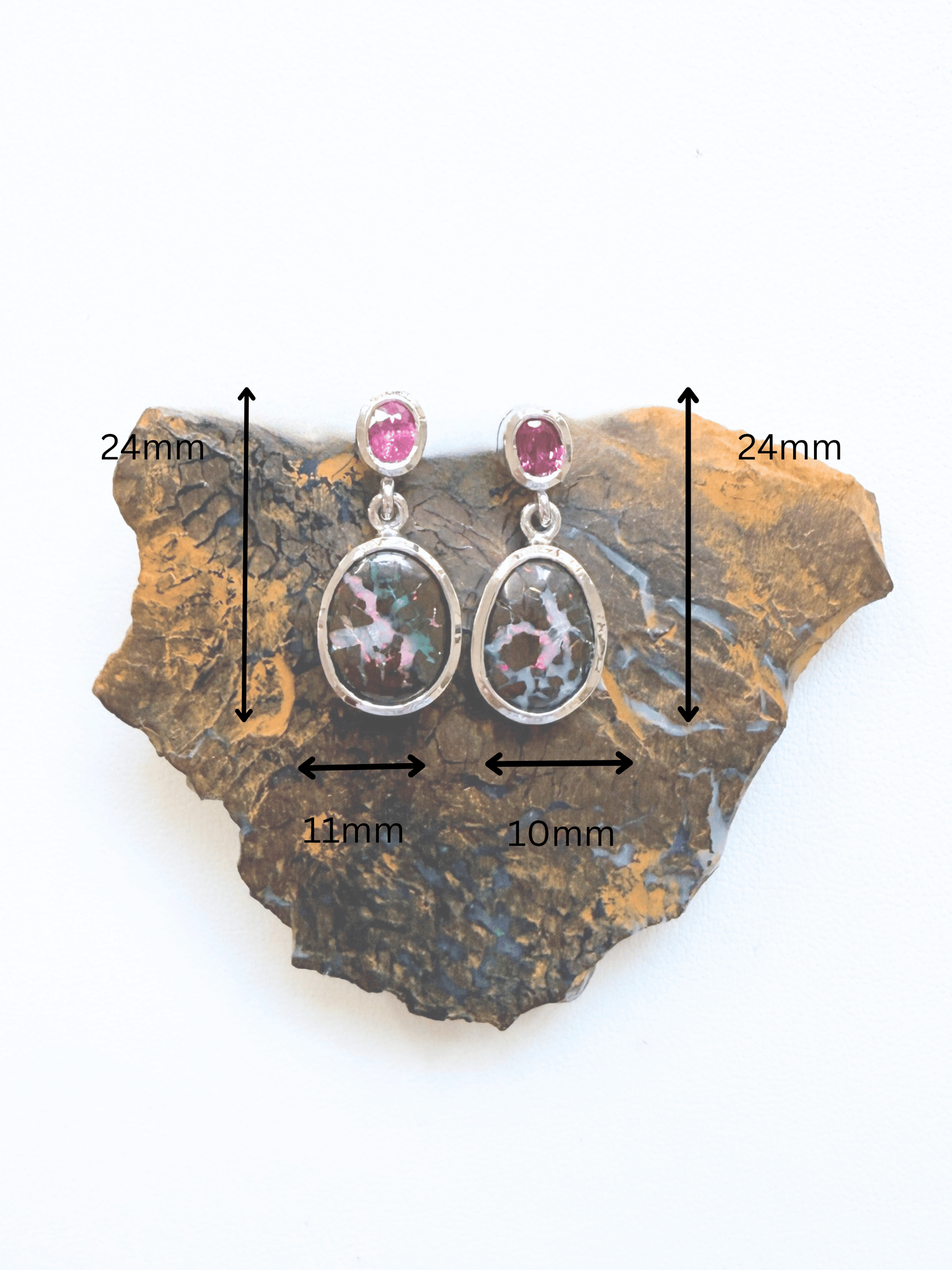 Boulder Opal Matrix and Ruby Drop Silver Earrings