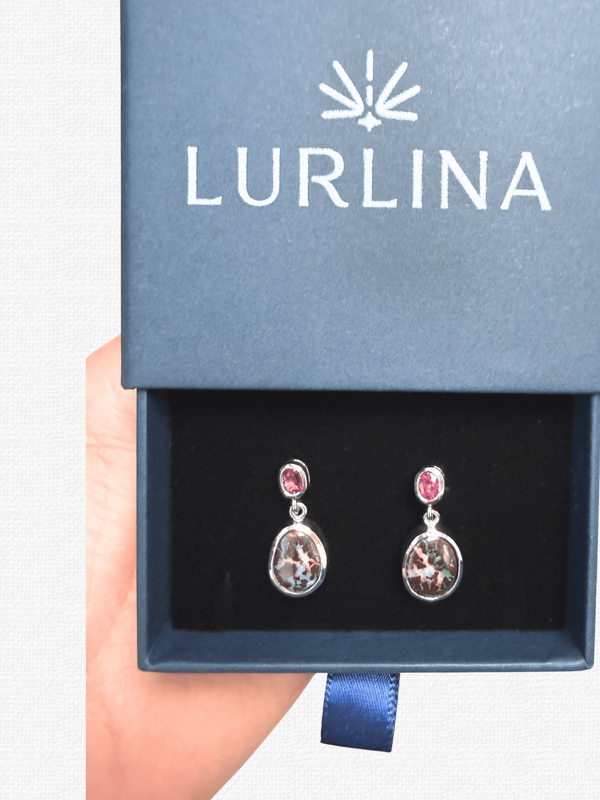 Boulder Opal Matrix and Ruby Drop Silver Earrings