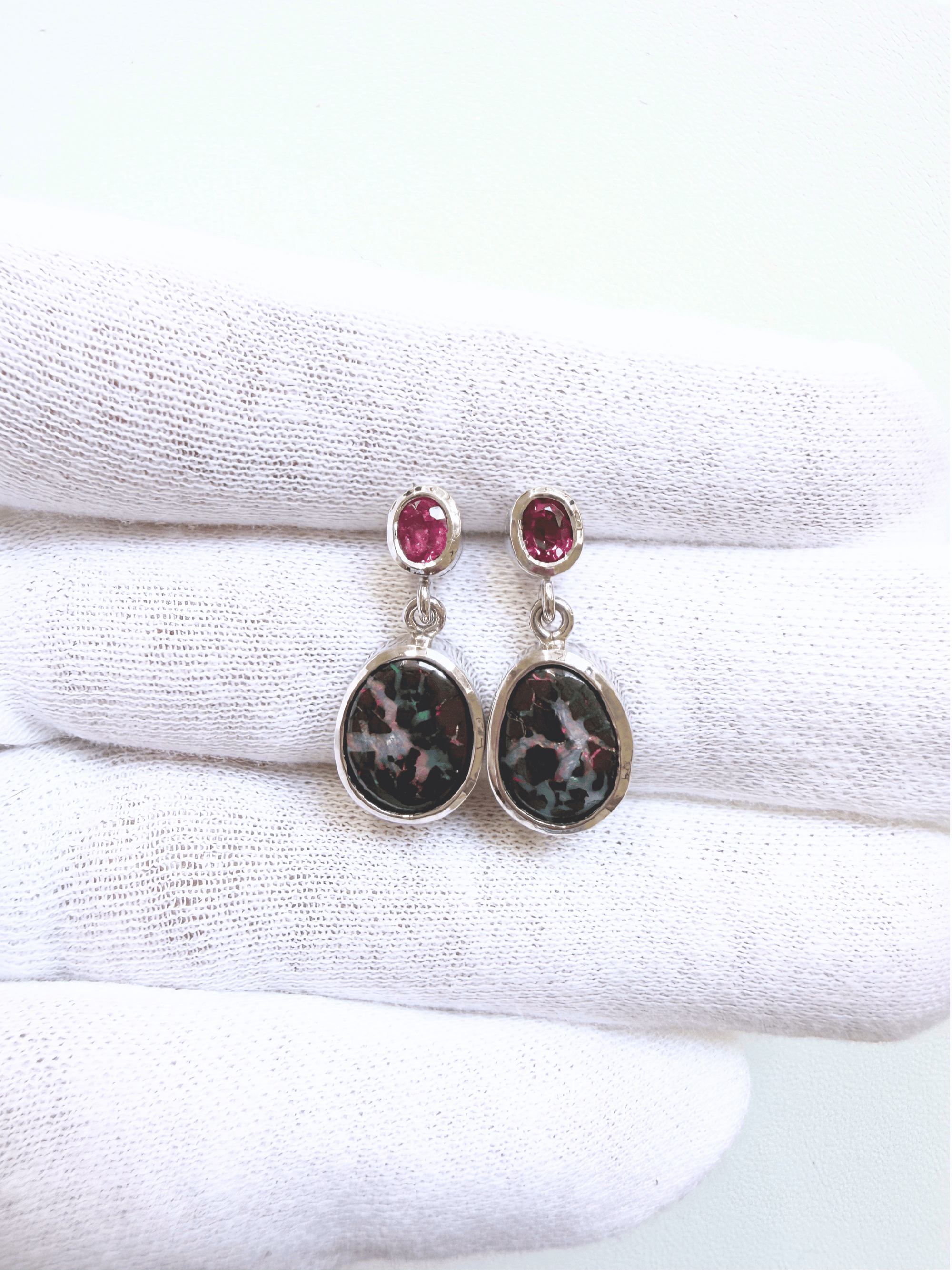 Boulder Opal Matrix and Ruby Drop Silver Earrings
