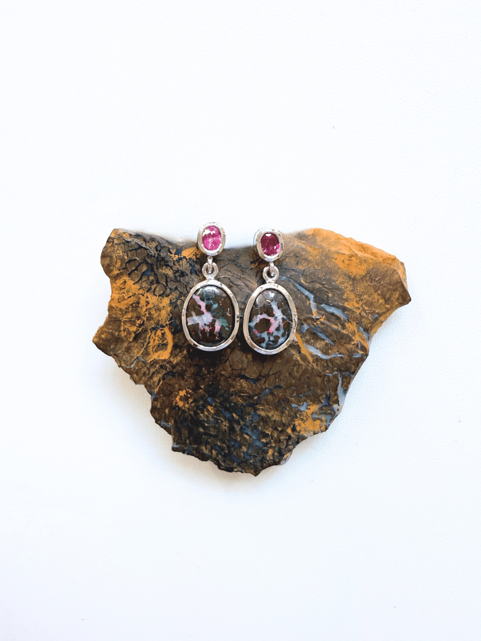 Boulder Opal Matrix and Ruby Drop Silver Earrings