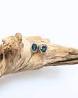 A pair of silver stud earrings with blue-green opal-like stones, displayed on a piece of natural driftwood against a white background.