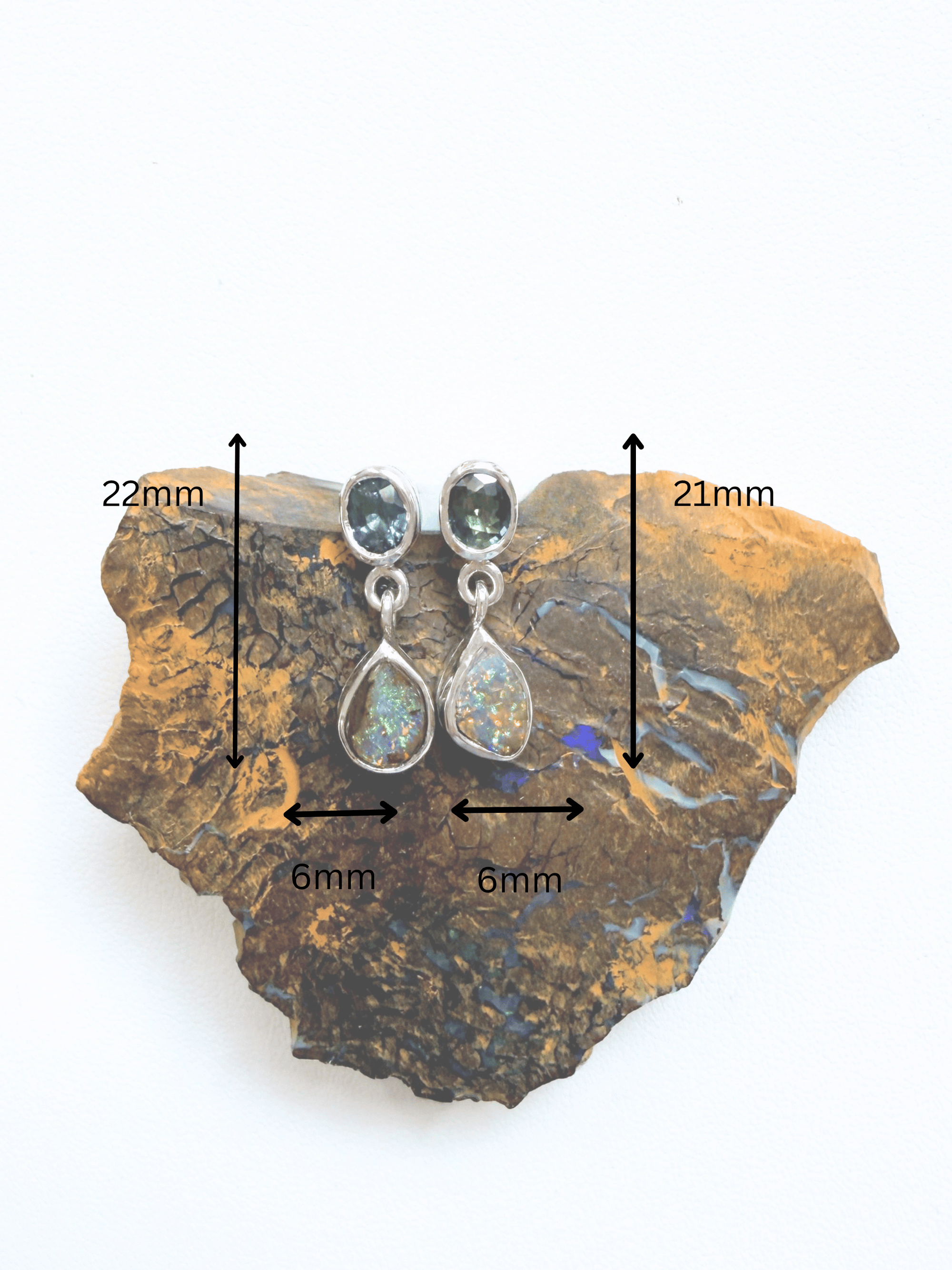 Boulder Opal Teardrop and Teal Sapphire Silver Earrings