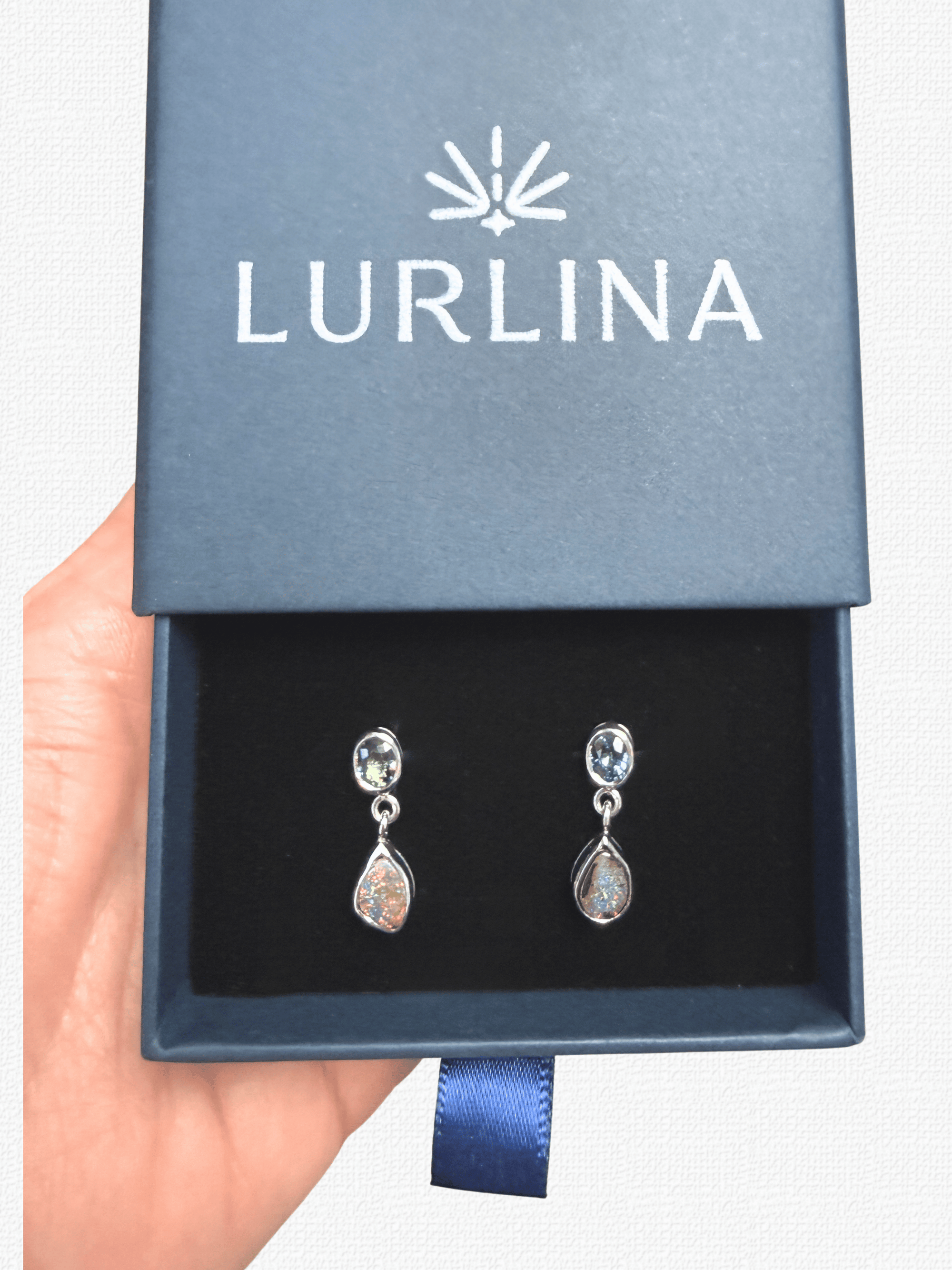 Boulder Opal Teardrop and Teal Sapphire Silver Earrings