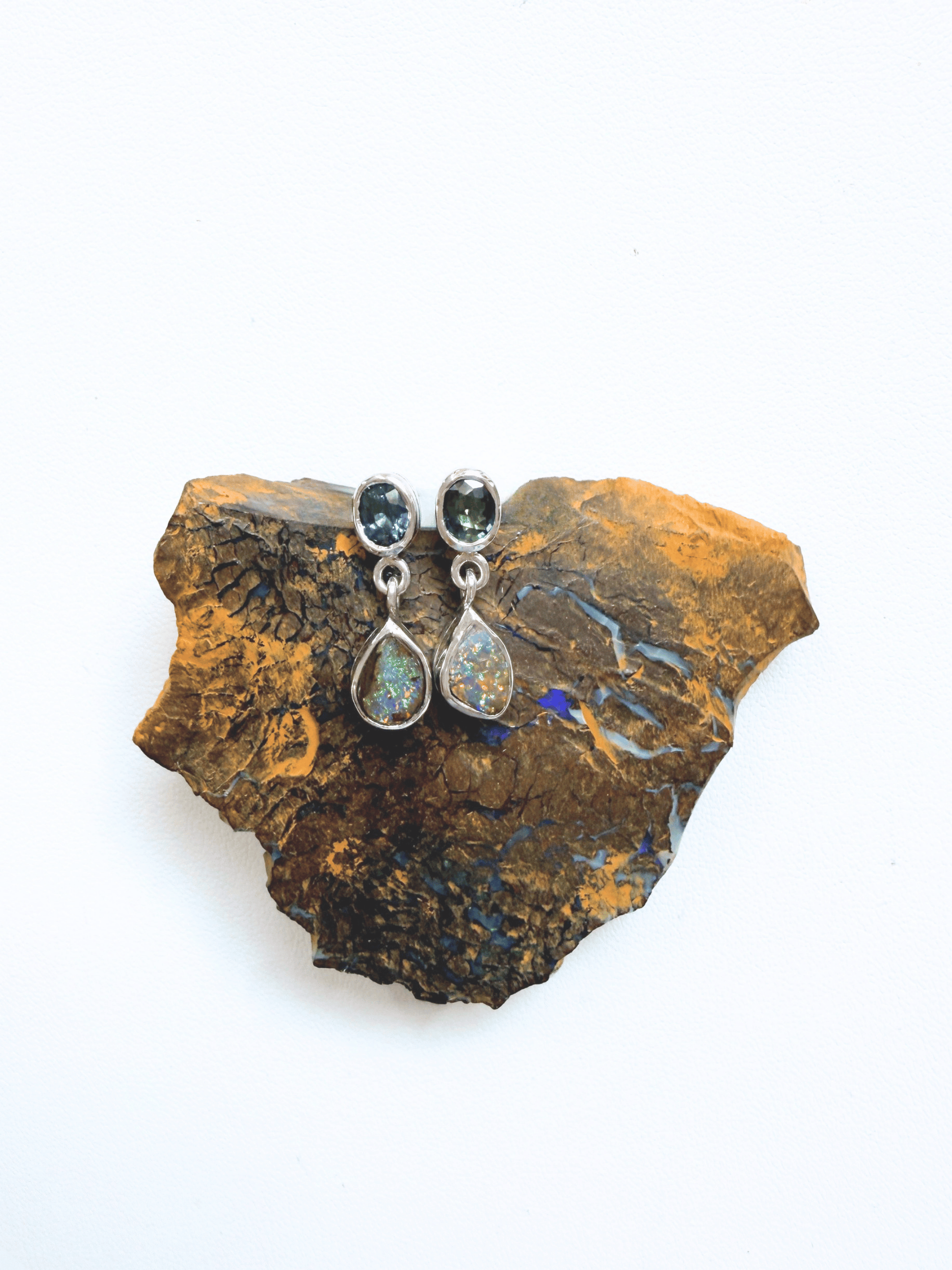 Boulder Opal Teardrop and Teal Sapphire Silver Earrings