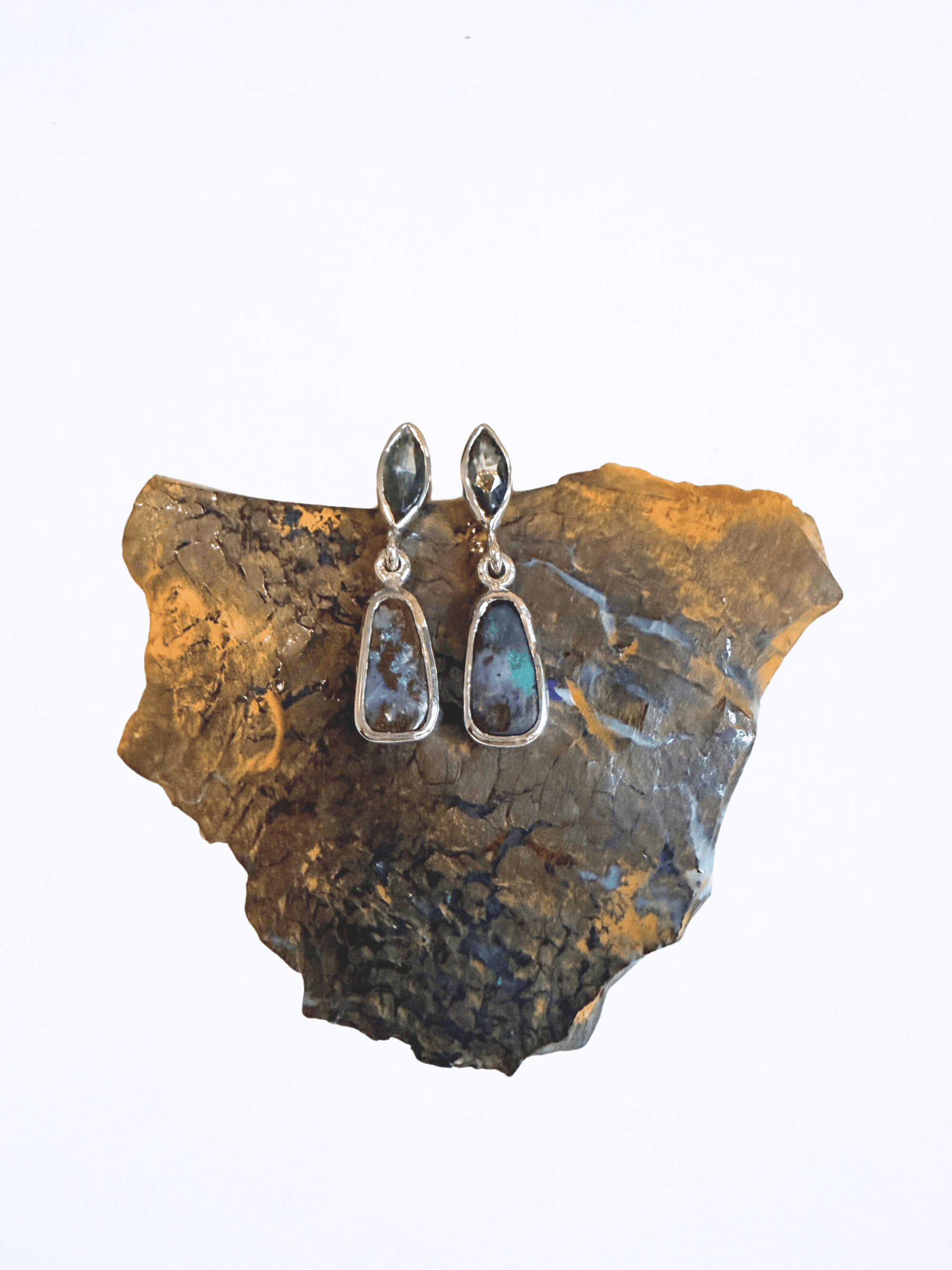 Boulder Opal and Green Marquise Sapphire Drop Silver Earrings